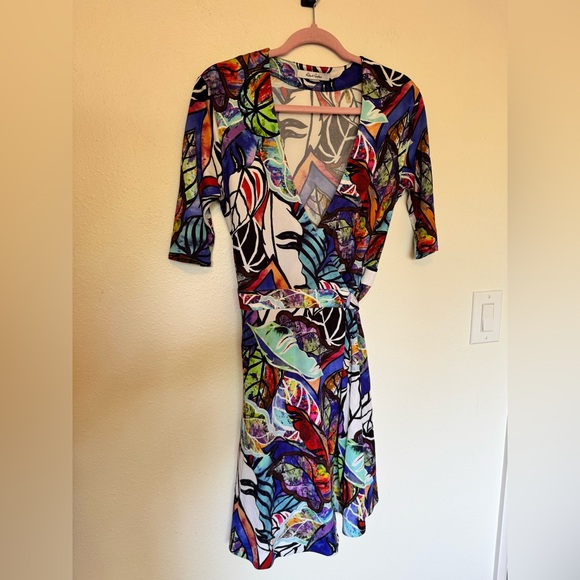 Robert Graham Anna Wrap Dress Colorful Abstract Floral Mini Size 6 Silk EUC - Picture 2 of 6